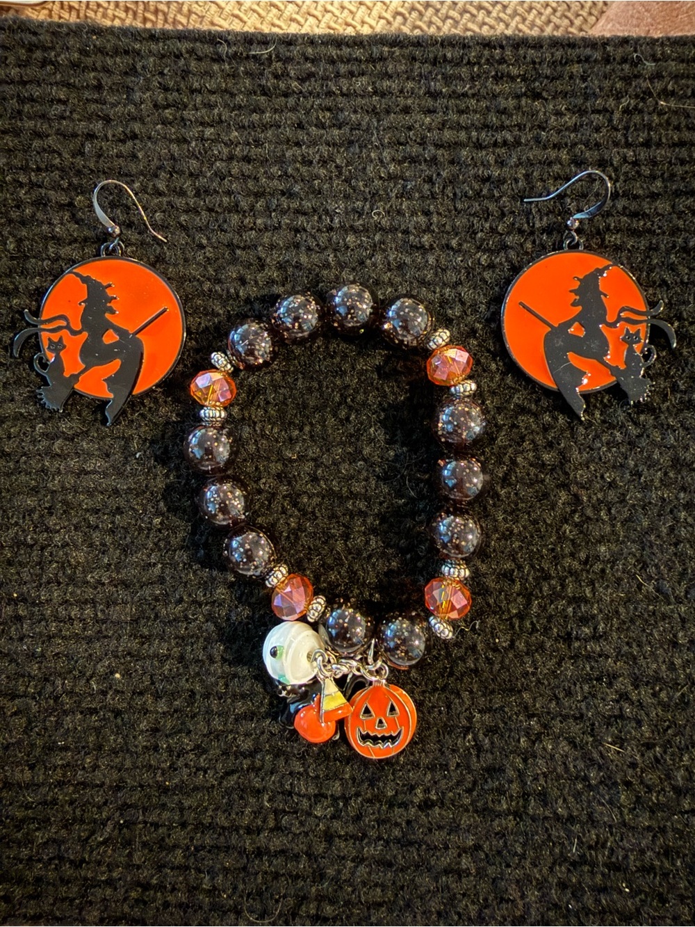Halloween Jewelry Lot. Flying Witch Earrings, Stretch Charm Bracelet FH1